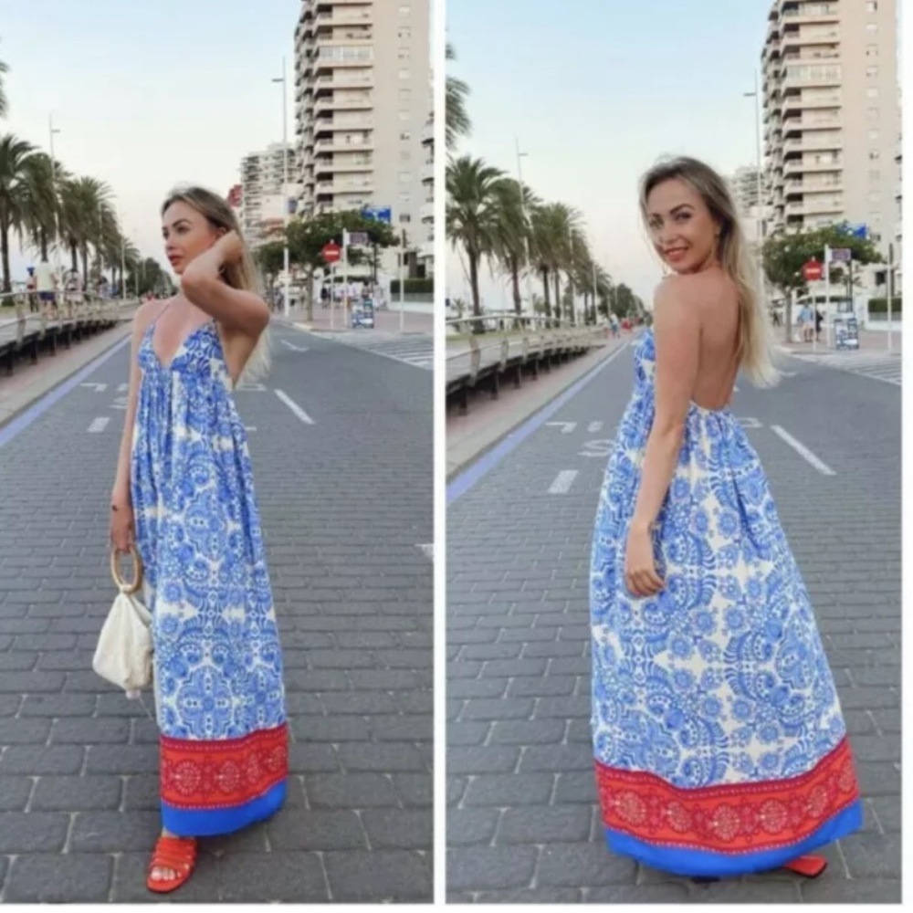 ZARA White Blue Red Patterned Floral Summer Maxi Dress
